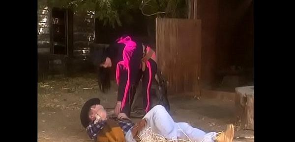  Tight bodied, black haired cowgirl Nikita Denise has fun with a stud outdoors